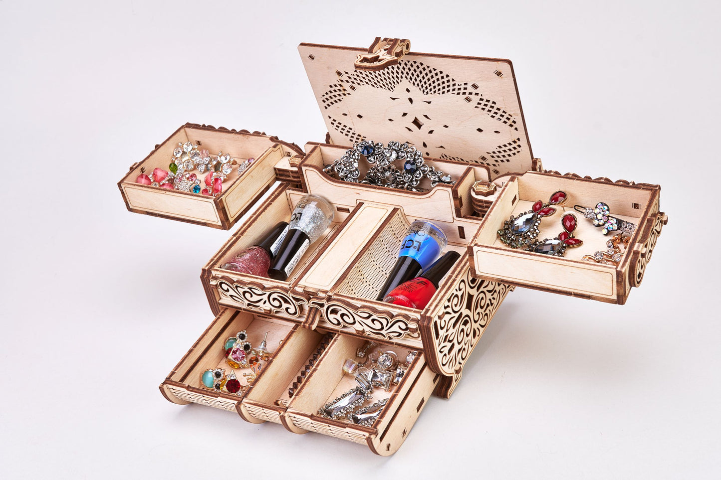 Puzzle 3D Lemn ECO, Cutie de bijuterii, Mecanism Mecanic, 15 Cristale Swarovski, 192 piese