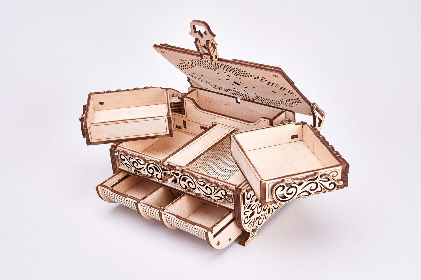 Puzzle 3D Lemn ECO, Cutie de bijuterii, Mecanism Mecanic, 15 Cristale Swarovski, 192 piese
